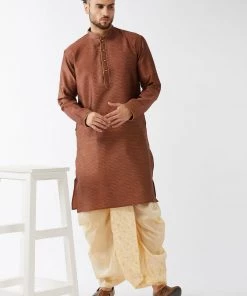VASTRAMAY Men's Maroon And Gold Silk Blend Kurta And Dhoti Set