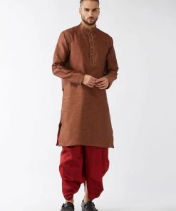 VASTRAMAY Men's Maroon Silk Blend Kurta And Dhoti Set
