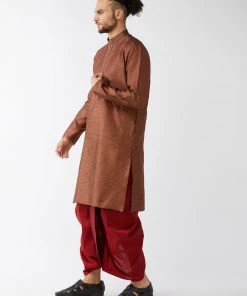 VASTRAMAY Men's Maroon Silk Blend Kurta And Dhoti Set