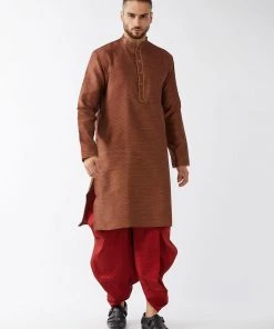 VASTRAMAY Men's Maroon Silk Blend Kurta And Dhoti Set