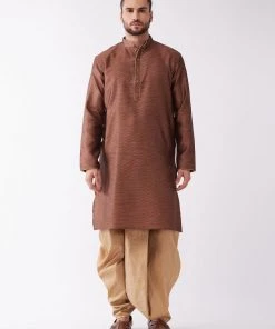 VASTRAMAY Men's Maroon And Rose Gold Silk Blend Kurta And Dhoti Set