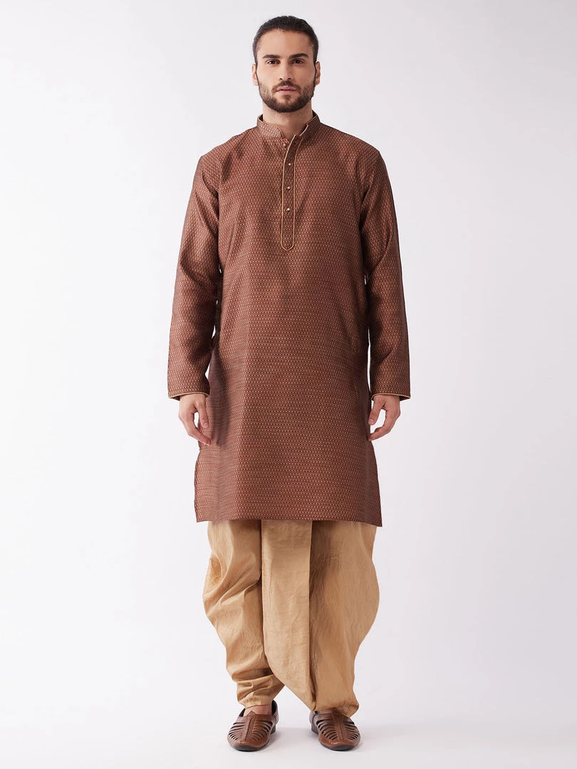 VASTRAMAY Men's Maroon And Rose Gold Silk Blend Kurta And Dhoti Set 3 VASTRAMAY Men's Maroon And Rose Gold Silk Blend Kurta And Dhoti Set