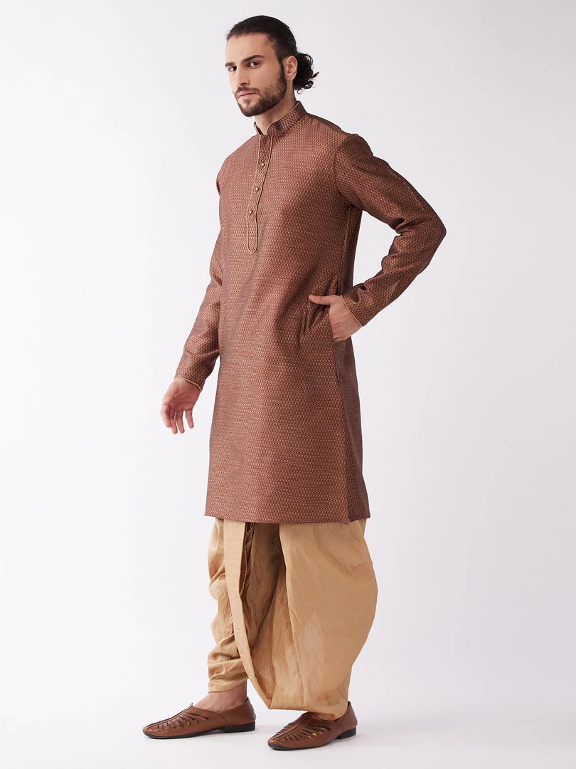 VASTRAMAY Men's Maroon And Rose Gold Silk Blend Kurta And Dhoti Set 4 VASTRAMAY Men's Maroon And Rose Gold Silk Blend Kurta And Dhoti Set