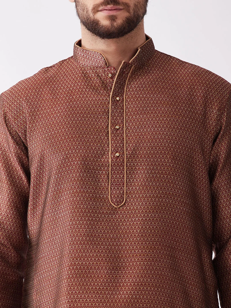 VASTRAMAY Men's Maroon And Rose Gold Silk Blend Kurta And Dhoti Set 6 VASTRAMAY Men's Maroon And Rose Gold Silk Blend Kurta And Dhoti Set