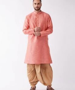 VASTRAMAY Men's Pink And Rose Gold Silk Blend Kurta And Dhoti Set