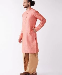 VASTRAMAY Men's Pink And Rose Gold Silk Blend Kurta And Dhoti Set