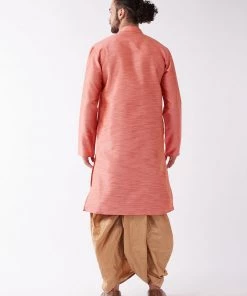VASTRAMAY Men's Pink And Rose Gold Silk Blend Kurta And Dhoti Set