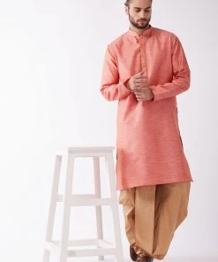 VASTRAMAY Men's Pink And Rose Gold Silk Blend Kurta And Dhoti Set