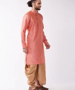 VASTRAMAY Men's Pink And Rose Gold Silk Blend Kurta And Dhoti Set