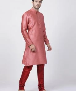 Vastramay Men's Pink Cotton Silk Blend Kurta And Pyjama Set