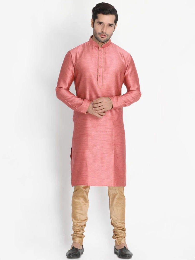 Vastramay Men's Pink Cotton Silk Blend Kurta And Pyjama Set 3 Vastramay Men's Pink Cotton Silk Blend Kurta And Pyjama Set