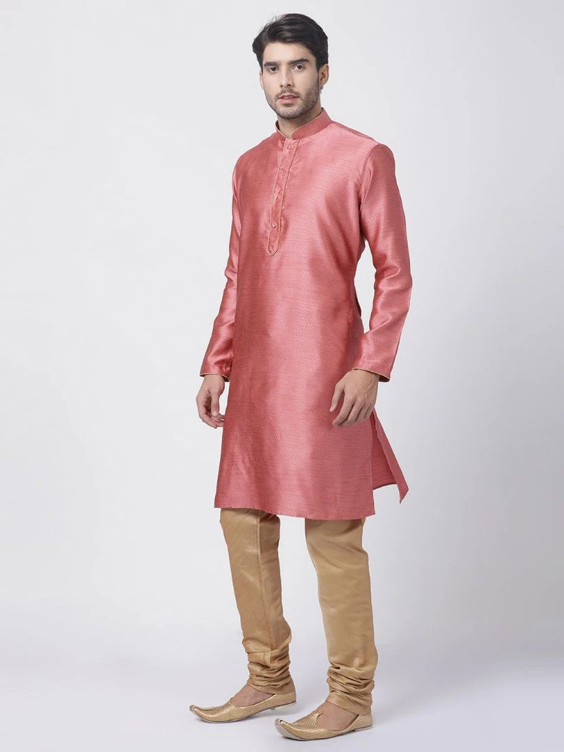Vastramay Men's Pink Cotton Silk Blend Kurta And Pyjama Set 8 Vastramay Men's Pink Cotton Silk Blend Kurta And Pyjama Set