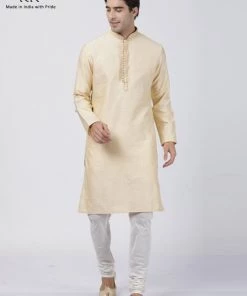 Vastramay Men's Beige Cotton Silk Blend Kurta And Pyjama Set Buy 1 Get 1