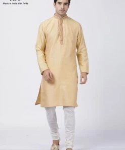 Vastramay Men's Beige Cotton Silk Blend Kurta And Pyjama Set