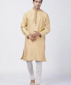 Vastramay Men's Beige Cotton Silk Blend Kurta And Pyjama Set
