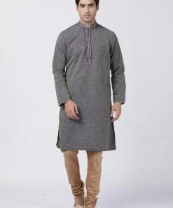 Vastramay Men's Dark Blue Cotton Silk Blend Kurta And Churidar Set Kurta Sets