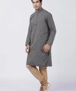 Vastramay Men's Dark Blue Cotton Silk Blend Kurta And Churidar Set Kurta Sets