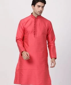 VASTRAMAY Men's Pink Cotton Silk Blend Kurta