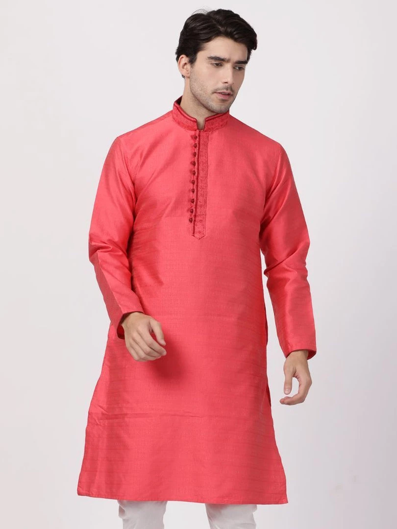 VASTRAMAY Men's Pink Cotton Silk Blend Kurta 3 VASTRAMAY Men's Pink Cotton Silk Blend Kurta