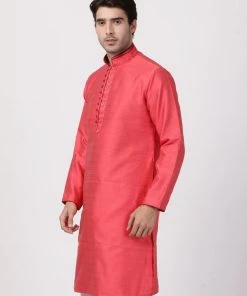 VASTRAMAY Men's Pink Cotton Silk Blend Kurta