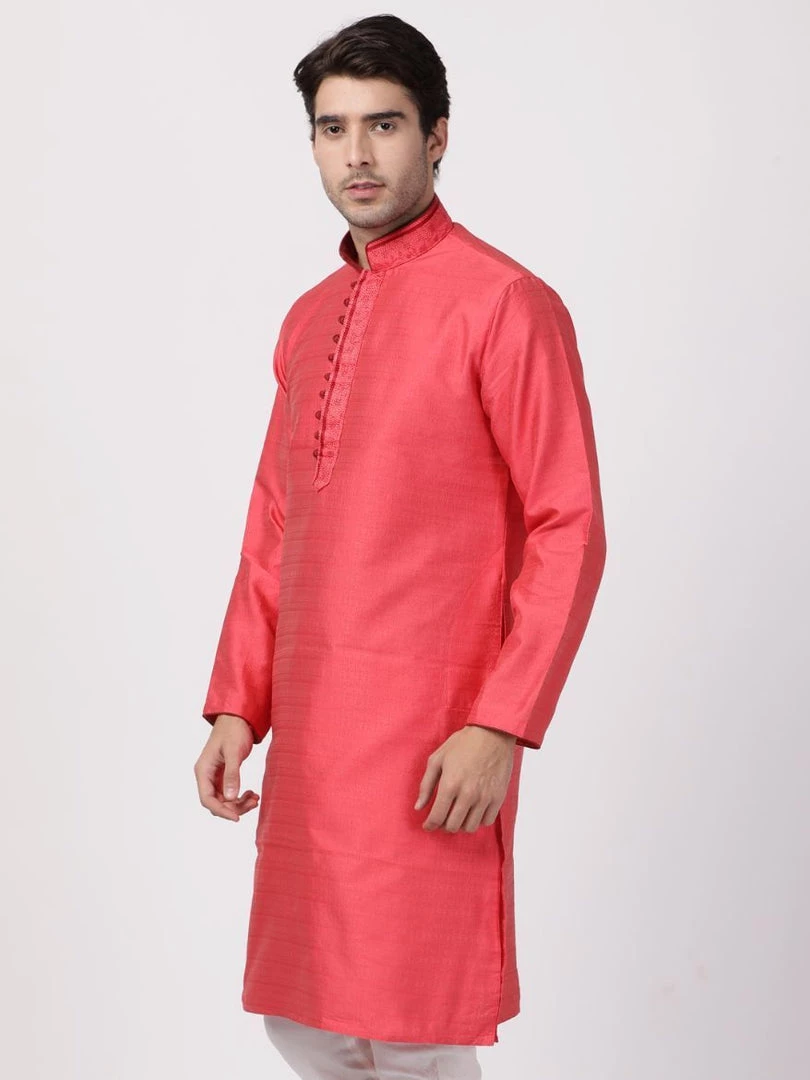 VASTRAMAY Men's Pink Cotton Silk Blend Kurta 4 VASTRAMAY Men's Pink Cotton Silk Blend Kurta