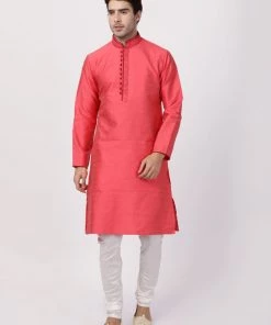 VASTRAMAY Men's Pink Cotton Silk Blend Kurta 12 VASTRAMAY Men's Pink Cotton Silk Blend Kurta