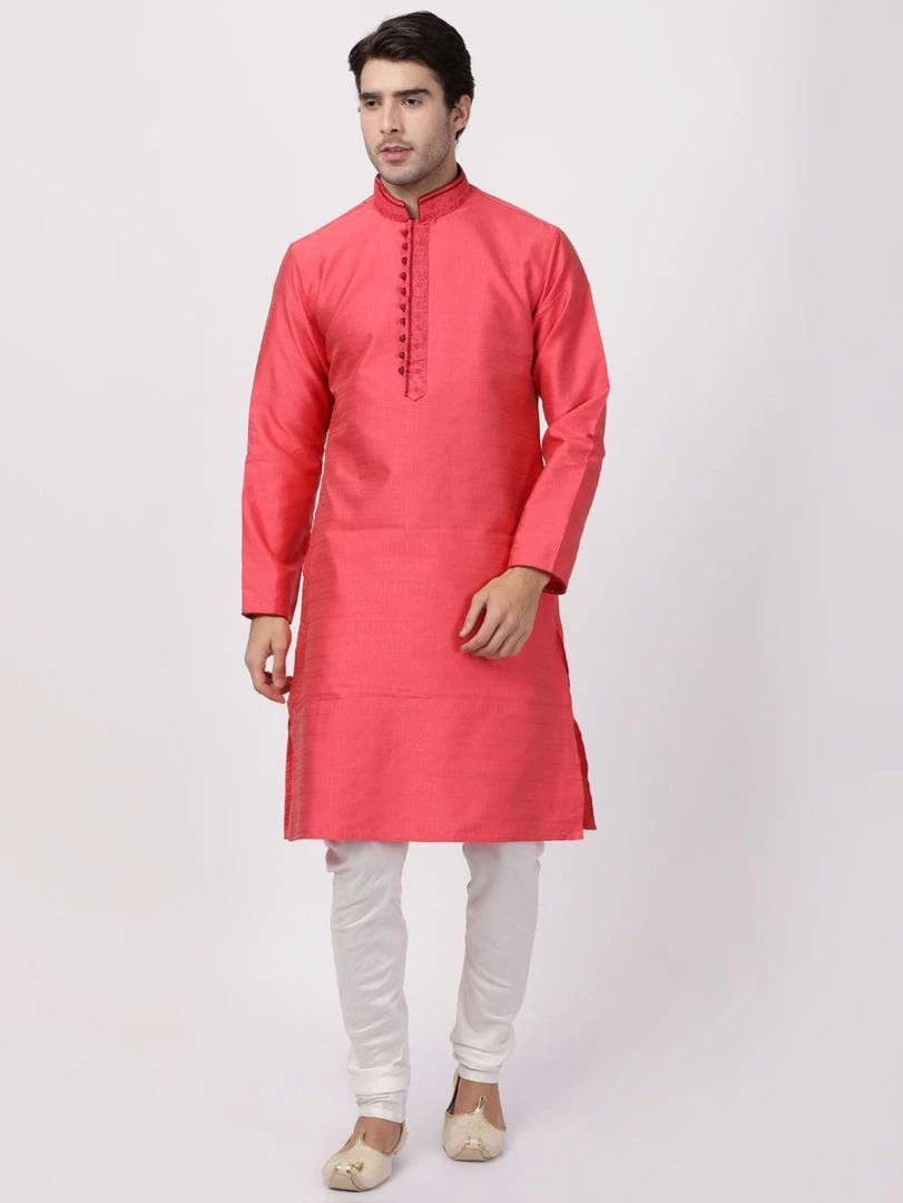 VASTRAMAY Men's Pink Cotton Silk Blend Kurta 7 VASTRAMAY Men's Pink Cotton Silk Blend Kurta
