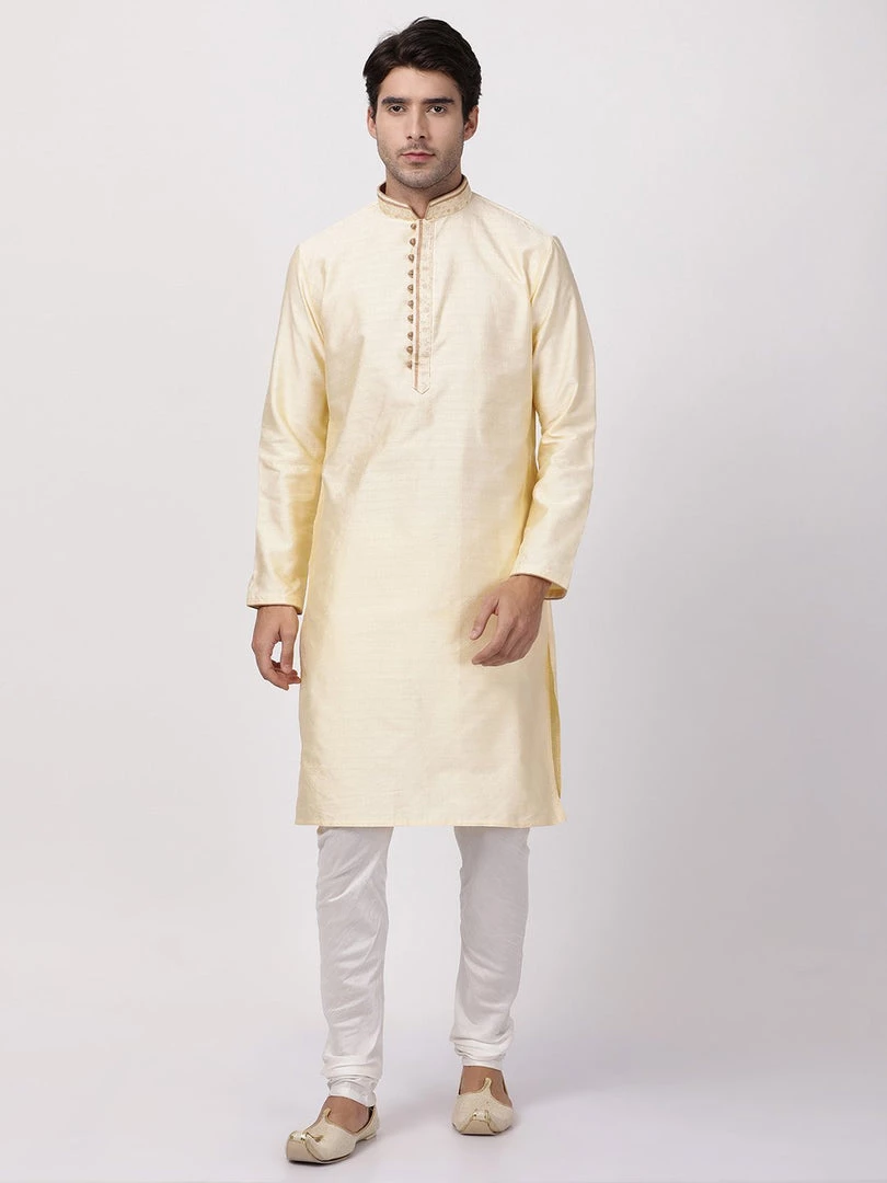 Vastramay Men's Cream Cotton Silk Blend Kurta And Churidar Set 3 Vastramay Men's Cream Cotton Silk Blend Kurta And Churidar Set