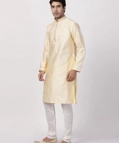 Vastramay Men's Cream Cotton Silk Blend Kurta And Churidar Set