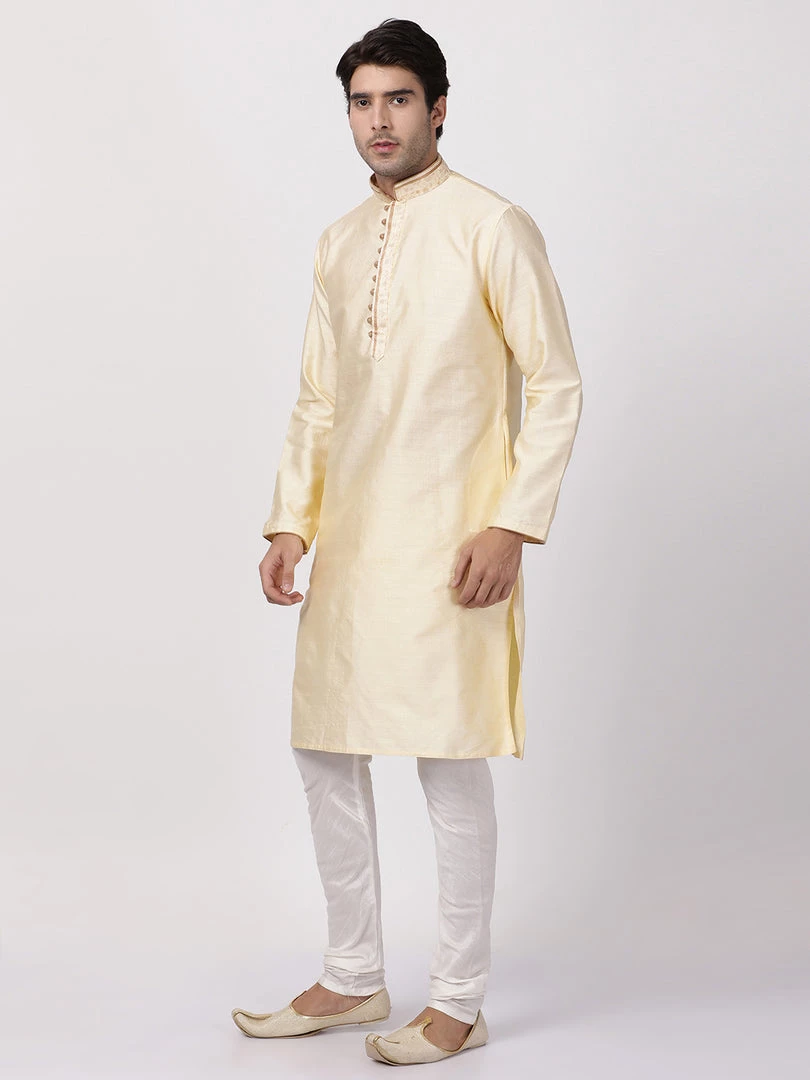 Vastramay Men's Cream Cotton Silk Blend Kurta And Churidar Set 4 Vastramay Men's Cream Cotton Silk Blend Kurta And Churidar Set