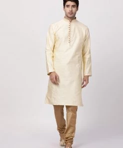 VASTRAMAY Men's Cream Cotton Silk Blend Kurta And Churidar Set Kurta Sets
