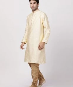 VASTRAMAY Men's Cream Cotton Silk Blend Kurta And Churidar Set Kurta Sets