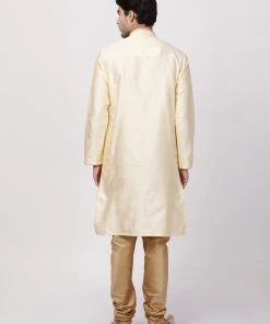 VASTRAMAY Men's Cream Cotton Silk Blend Kurta And Churidar Set Kurta Sets