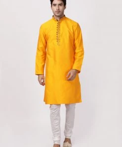 VASTRAMAY Men's Orange Cotton Silk Blend Kurta Buy 1 Get 1