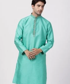 Buy 1 Get 1 VASTRAMAY Men's Green Cotton Silk Blend Kurta