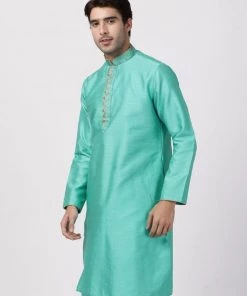 Buy 1 Get 1 VASTRAMAY Men's Green Cotton Silk Blend Kurta