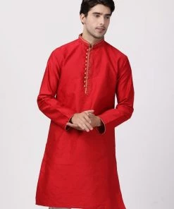 VASTRAMAY Men's Red Cotton Silk Blend Kurta Buy 1 Get 1