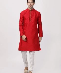 VASTRAMAY Men's Red Cotton Silk Blend Kurta Buy 1 Get 1