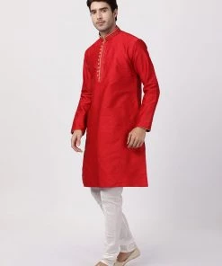 Vastramay Buy 1 Get 1 Men's Red Cotton Silk Blend Kurta And Churidar Set