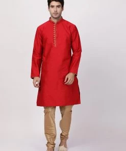 Vastramay Men's Red Cotton Silk Blend Kurta And Churidar Set Buy 1 Get 1
