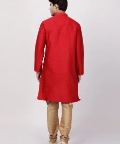 Vastramay Men's Red Cotton Silk Blend Kurta And Churidar Set Buy 1 Get 1