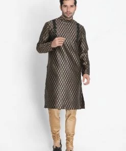 VASTRAMAY Men's Black Cotton Silk Blend Kurta