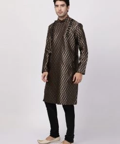 Vastramay Men's Black Cotton Silk Blend Kurta And Pyjama Set