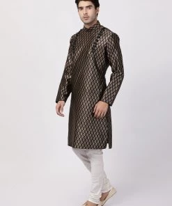 Vastramay Men's Black Cotton Silk Blend Kurta And Churidar Set
