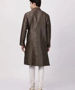 Vastramay Men's Black Cotton Silk Blend Kurta And Churidar Set