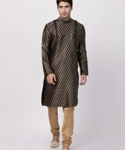 Vastramay Men's Black Cotton Silk Blend Kurta And Churidar Set