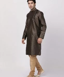 Vastramay Men's Black Cotton Silk Blend Kurta And Churidar Set
