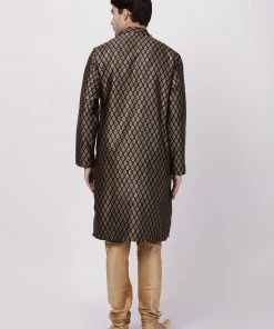 Vastramay Men's Black Cotton Silk Blend Kurta And Churidar Set 11 Vastramay Men's Black Cotton Silk Blend Kurta And Churidar Set