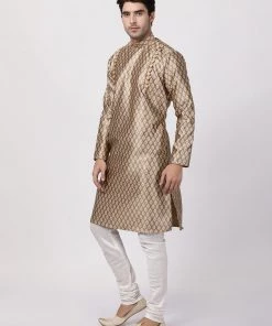 Vastramay Men's Gold Cotton Silk Blend Kurta And Churidar Set