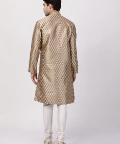 Vastramay Men's Gold Cotton Silk Blend Kurta And Churidar Set
